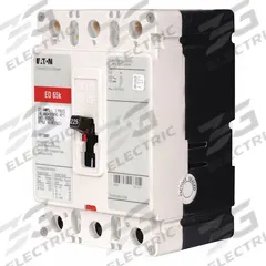 EATON Molded Case Circuit Breaker: 100 A Amps, 65kA at 240V AC, Fixed, ABC, Load Side Lug, Std, ED (MPN ED3100). Key specifications — attr217792: ED; attr196056: 65kA at 240V AC; attr196057: Fixed; attr196058: ABC; attr196059: Load Side Lug; attr196061: 225A/F.