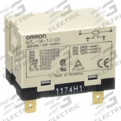 OMRON Enclosed Power Relay: Bracket Mounted, 30 A Current Rating, 100/120V AC, SPST-NO (MPN G7L-1A-TJ-CB-AC100/120). Key specifications — Brand: OMRON; Base Type: Square; Mounting Style: E-Bracket; Electrical Connection: Quick-Connect; Manufacturer Part Number: G7L-1A-TJ-CB-AC100/120; Operating Current: 30 A; Series: G7L Series; Relay Bracket Type: E-Bracket (Sold Separately).