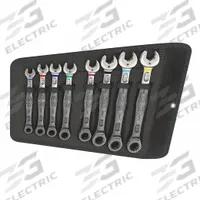 WERA Combination Wrench Set: Alloy Steel, Nickel Chrome, 8 Tools, Std, Reversing, Pouch (MPN 05020012001). Key specifications — attr309581: Nickel Chrome; attr309580: Alloy Steel; attr309571: Yes; attr309583: No; attr309587: Yes; attr324931: WERA; attr309569: 5/16 in to 3/4 in; attr309572: Pouch.
