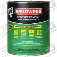 DAP Contact Cement: Weldwood Nonflammable, Gen Purpose, 1 gal, Can, Natural, Water-Resistant (MPN 25336). Key specifications — Primary Applications: General Purpose; For Surface Type: Non-Porous or Porous; Adhesive Color: Natural; Application Method: Spray On; Heat Resistant: Yes; Low Odor: Yes; Water Resistance: Water-Resistant; VOC Content Weight: 38 g/L.