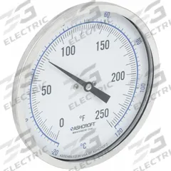 ASHCROFT Dial Thermometer: 0°F to 250°F /-20°C to 120°C, ±1% Accuracy, 2.5 in Stem Lg, 5 in Dial Dia (MPN 50EI60R). Key specifications — Accuracy: ±1 %; Brand: ASHCROFT.