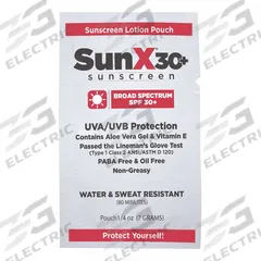 SUNX Sunscreen: 30 SPF, Lotion, 0.25 oz, 300 PK (MPN 18-399). Key specifications — Unitized: Unitized; Manufacturer Part Number: 18-399; Format: Lotion; Purpose: Sunscreen; Brand: SUNX; Formula Features: Oil Free; Unit Package Type: Packet; Active Ingredient: Vitamin E.
