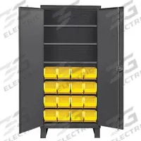 DURHAM MFG Bin Cabinet: 36 in x 24 in 78 in, 3 Shelves, 16 Bins, Yellow, Solid, 14 ga Panel, Gray (MPN 3702-16-3S-95). Key specifications — Bin Color: Yellow; Bin HxWxD: (16) 8 in x 15 in x 7 in; Assembled: Assembled; Cabinet Style: Shelf and Bin; Brand: DURHAM MFG; Cabinet Color: Gray; Cabinet Finish: Powder Coated; Cabinet Material: Steel.