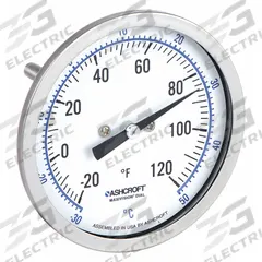 ASHCROFT Dial Thermometer: -20°F to 120°F /-30°C to 50°C, ±1% Accuracy, 2.5 in Stem Lg (MPN 30EI60R). Key specifications — Accuracy: ±1 %; Brand: ASHCROFT.