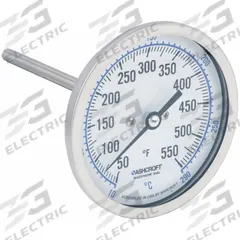 ASHCROFT Dial Thermometer: 50°F to 550°F /10°C to 290°C, ±1% Accuracy, 4 in Stem Lg, 3 in Dial Dia (MPN 30EI60R). Key specifications — Accuracy: ±1 %; Brand: ASHCROFT.