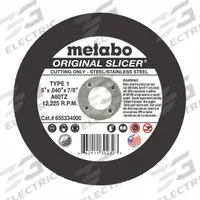 METABO Abrasive Cut-Off Wheel: Type 1, 5" x 0.04" x 7/8", Aluminum Oxide, 60 Grit, A60TZ (MPN 655334000). Key specifications — Series: A60TZ; Brand: METABO.