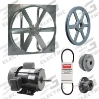 Exhaust Fan with Drive Package: Belt Drive, 48 in Blade, 2 hp, 27,474 cfm, 115/230V AC, 1 ph (MPN 7CF44). Key specifications — Frame Finish: Zinc Plated; Assembled: Unassembled; Brand: DAYTON; Nameplate Voltage: 115/230V AC; Frame Material: Steel; Guard Type: None; Motor Insulation: Class F; Motor Enclosure: Totally Enclosed Fan Cooled.
