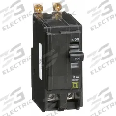 SQUARE D Miniature Circuit Breaker: 100 A, 120/240V AC, Single Phase, 10kA at 120/240V AC, 2 Poles (MPN QOB2100). Key specifications — Phase: Single; Amps: 100 A; AC Voltage Rating: 120/240V AC; Max. AIR Rating: 10kA at 120/240V AC; For Use With: Square D NQOD Panelboards; Brand: SQUARE D.