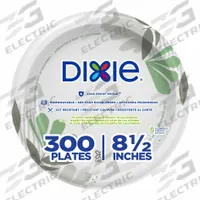 DIXIE Disposable Plate: Brown/Green, Medium-Wt, 8 1/2 in Disposable Plate Size, 300 PK (MPN UX9P300). Key specifications — attr553080: Round; attr553063: Uncoated/Unlined; attr553071: Paper; attr553072: Yes; attr553076: Pathways; attr553078: Salad Plate; attr553062: DIXIE.