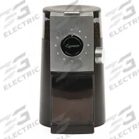 CAPRESSO Coffee Grinder: 0.6 lb Capacity, Single Hopper, Black/Silver, Plastic (MPN 597.04). Key specifications — Hopper Type: Single Hopper; Voltage: 120V AC; Brand: CAPRESSO.
