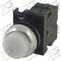 EATON Illuminated Push Button: Illuminated, Extended Profile, Metallic, 22 mm, 2NO (MPN M22M-DLH-W-K20-230W). Key specifications — Brand: EATON; Action: Momentary; Series: M22; Push Button Material Type: Metallic.