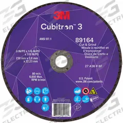 3M CUBITRON 3 Cut-Off and Grinding Wheel: Type 27, 9" x 1/8" x 7/8", Ceramic, 36 Grit (MPN 89164). Key specifications — Brand: 3M CUBITRON 3.