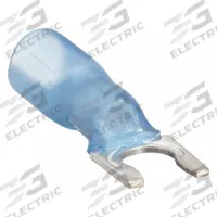 3M Fork Terminals: Blue, Heat Shrink, #6 Stud Size, 16 AWG – 14 AWG Wire Range, Locking Fork (MPN MH14-6FLX). Key specifications — Barrel Style: Strain Relief; Manufacturer Part Number: MH14-6FLX; Brand: 3M; Series: TH.