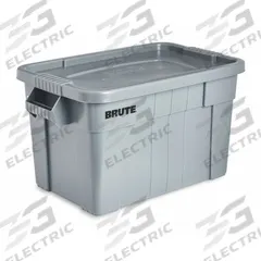 RUBBERMAID COMMERCIAL PRODUCTS Storage Tote: 20 gal, 27 7/8 in x 17 3/8 in x 15 1/8 in, Gray Body (MPN FG9S3100GRAY). Key specifications — Material: Plastic; Edge/Corner Design: Rounded; Body Color: Gray; Lid Color: Gray; Brand: RUBBERMAID COMMERCIAL PRODUCTS; NSF Certified: NSF Certified; Nestable: Nesting Capable.