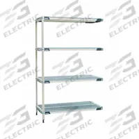 METRO Plastic Industrial Shelving: 24 in x 72 in, 62 in Overall Ht, 4 Shelves, Antimicrobial (MPN AX576GX3). Key specifications — Resistance Properties: Antimicrobial; Frame Material: 304 Stainless Steel; Shelving Material: 304 Stainless Steel; Brand: METRO.