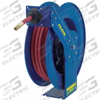 Spring Return Hose Reel: 75 ft (3/8 in I.D.), 3/8 in MNPT, 300 psi Max Op Pressure, Brass, Blue (MPN EZ-SH-375). Key specifications — Reel Color: Blue; Hose Capacity: 75 ft (3/8 in I.D.); Overall Dimensions: 23 in L x 8-3/4 in W x 25-1/4 in H; Swivel Material: Brass; Hose End Configuration: 3/8 in MNPT; Brand: COXREELS.