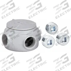 Conduit Outlet Body: Iron, GRJS, 1 in Trade Size, XAT Body, 7.3 cu in Body Capacity (MPN GRJS100). Key specifications — Series: For Round Body; Compatible Conduit Trade Size: 1 in; Thread Gender: Female; Hub Style: Threaded; Cover Included: Yes; Body Style: XAT; Connection Type: Threaded; Back Type: Round.