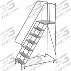 BALLYMORE Rolling Ladder: 5.8 ft Platform Ht, Assembled, Aluminum, Wt-Actuated, Perforated (MPN WLAR107246-D4). Key specifications — Includes Handrails: Handrails Included; Material: Aluminum; Brand: BALLYMORE; Color: Gray.