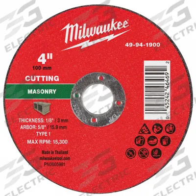 MILWAUKEE Cut-Off Wheel: Type 1, 4" x 1/8" x 5/8", Silicon Carbide - Cut-Off Wheels for Concrete & Masonry