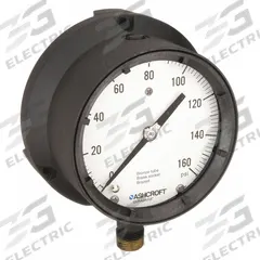 ASHCROFT Process Pressure Gauge: 0 psi to 160 psi, White, 4 1/2 in Dial, 1/2 in NPT Male, Bottom, 4X (MPN 451379ASL04L160#). Key specifications — Brand: ASHCROFT; Pointer Color: Black; Accuracy: ±0.5%; Dial Color: White; Gauge Wetted Parts: Brass / Bronze; Case Material: Epoxy-Coated Aluminum; Vibration Resistance Properties: Liquid-Filled; Pressure Range: 0 psi to 160 psi.