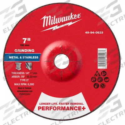 MILWAUKEE Grinding Wheel: Type 27, 7" x 1/4" x 7/8", Zirconia Alumina - High-Performance Grinding Wheels for Carbon & Stainless Steel