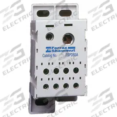 MERSEN Power Distribution Block: Finger-Safe, Lug, Lug, 14 AWG – 350 kcmil For Line Side Wire Sizes (MPN FSPDB3A). Key specifications — Mounting Type: DIN-Rail; Brand: MERSEN; For Conductor Material: Aluminum.