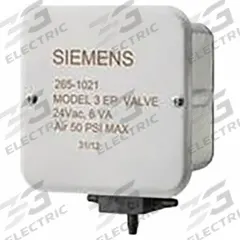 Solenoid Air Valve: Junction Box, 24V AC, 60 Hz, 50 psi Op Max., PBT Body, 1/4 in Male Barbed Hose (MPN 265-1021). Key specifications — Brand: SIEMENS; Body Material: PBT.