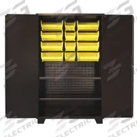 JAMCO Bin Cabinet: 48 in x 24 in 78 in, 2 Shelves, 12 Bins, Yellow, Solid, 14 ga Panel, Black, Solid (MPN HH248BL). Key specifications — Bin Color: Yellow; Bin HxWxD: (4) 7 in x 8-1/4 in x 11 in; Assembled: Assembled; Cabinet Style: Shelf and Bin; Brand: JAMCO; Cabinet Color: Black; Cabinet Finish: Powder Coated; Cabinet Material: Steel.