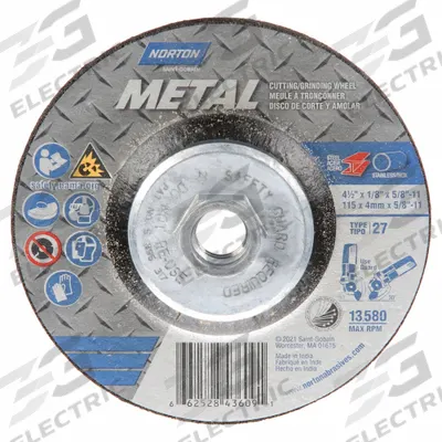 NORTON Cut-Off & Grinding Wheel: Type 27, 4 1/2" x 1/8" x 5/8"-11, Aluminum Oxide - General Purpose Combination Wheels for Carbon & Stainless Steel