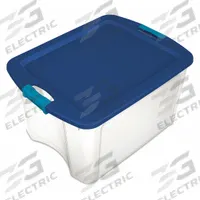 STERILITE Storage Tote: 12 gal, 23 5/8 in x 18 5/8 in x 9 1/4 in, Clear Body, Blue Lid, 10 to 20 gal (MPN 14449606). Key specifications — attr1188666: Plastic; attr1188675: Clear; attr1188676: Blue; attr1188687: STERILITE.