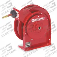 Spring Return Hose Reel: 50 ft (1/4 in I.D.), 1/4 in MNPT, 300 psi Max Op Pressure, Brass, Red (MPN 5450 OLP). Key specifications — Reel Color: Red; Hose Capacity: 50 ft (1/4 in I.D.); Overall Dimensions: 14-1/4 in L x 6-1/8 in W x 14-3/8 in H; Swivel Material: Brass; Hose End Configuration: 1/4 in MNPT; Brand: REELCRAFT.