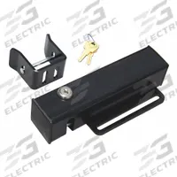 LINEAR Automatic Gate Lock: For Use With 8 ft or Longer Gates/Locations with High Winds, Black, Lock (MPN FM144). Key specifications — Brand: LINEAR; Includes: Hardware; Color: Black; For Use With: 8 ft or Longer Gates; Product Type: Lock.