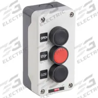 DAYTON Control Station: (3) Push Buttons, 0 Pilot Lights, 2NO/1NC, Open/Stop/Close, (3) Push Buttons (MPN 32W271). Key specifications — Brand: DAYTON; Operator Legend: Open/Stop/Close; Operator Color: Black; Operator Configuration: (3) Push Buttons; Operator Configuration Type: (3) Push Buttons.