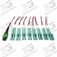EATON TRIPP LITE MPO Breakout Cables: (1) 16F MPO/PC Female (Green) x (8) LC Duplex Male (Aqua), OM4 (MPN N846D-01M-16EMG). Key specifications — Fire Rating: Plenum; Fiber Type: OM4; Brand: EATON TRIPP LITE; End 1 Connection Gender: Female; End 1 Contact Type Finish: PC; End 2 Connection Gender: Male; End 2 Contact Type Finish: PC; _MPO Cable Connector Design: (1) 16F MPO/PC Female (Green) x (8) LC Duplex Male (Aqua).