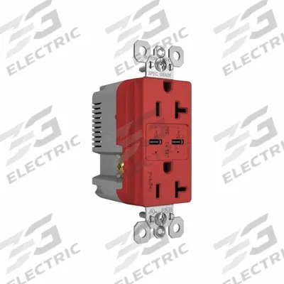 PASS & SEYMOUR Receptacle: Duplex, 5-15R, 2 USB Ports, USB Type C, Red, 125V AC - Weather-Resistant Receptacles with USB Chargers