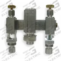 LDI INDUSTRIES Needle Valve: 2 Feeds, 1/4" Inlet Thread Size, NPTF, 1/4" Outlet Thread Size (MPN NVM102-002). Key specifications — Inlet Thread Size: 1/4"; Inlet Thread Type: NPTF; Outlet Thread Size: 1/4"; Spray Pattern Flow: Straight; Brand: LDI INDUSTRIES.