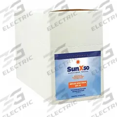 SUNX Sunscreen: 50 SPF, Lotion, 0.25 oz, 25 PK (MPN 18-919G). Key specifications — Unitized: Unitized; Manufacturer Part Number: 18-919G; Format: Lotion; Purpose: Sunscreen; Brand: SUNX; Formula Features: Paraben Free; Unit Package Type: Packet; Active Ingredient: Aloe Vera.