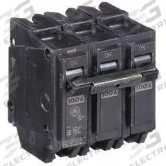 GE Miniature Circuit Breaker: THQL, 100 A, 120/240V AC, Three Phase, 10kA at 120/240V AC, Std (MPN THQL32100). Key specifications — Amps: 100 A; AC Voltage Rating: 120/240V AC; Phase: Three; Max. AIR Rating: 10kA at 120/240V AC; For Use With: Power Mark Gold Load Centers and AQ Lighting Panels.
