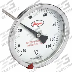 DWYER Clip On Dial Thermometer: -10°C to 110°C, +/- 2% Accuracy, 8 in Stem Lg, Celsius (MPN CBT38052). Key specifications — Accuracy: +/- 2%; Brand: DWYER; Temperature Units: Celsius.