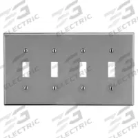 HUBBELL Wall Plate: Toggle, 4 Gang, Gray, Std Size (MPN P4GY). Key specifications — Brand: HUBBELL; Material: Polycarbonate.