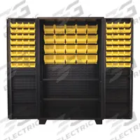 JAMCO Bin Cabinet: 48 in x 24 in 78 in, 8 Shelves, 84 Bins, Yellow, Deep Box, 14 ga Panel, Black (MPN DU248BL). Key specifications — Bin Color: Yellow; Bin HxWxD: (64) 3 in x 4-1/8 in x 7-1/2 in; Assembled: Assembled; Cabinet Style: Shelf and Bin; Brand: JAMCO; Cabinet Color: Black; Cabinet Finish: Powder Coated; Cabinet Material: Steel.