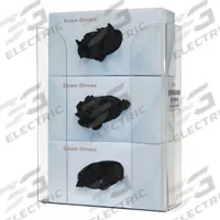 BOWMAN DISPENSERS Glove Dispenser: PETG, 10 1/2 in Overall Wd, 14 1/4 in Overall Ht, 4 in Overall Dp (MPN GP-330). Key specifications — Dispenser Layout: (3) Boxes; Fill Direction: Top Load; Material: PETG; Brand: BOWMAN DISPENSERS; Color: Clear.