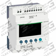 SCHNEIDER ELECTRIC Compact Smart Relay: (8) Discrete, (4) Relay, 24V AC (MPN SR2B121B). Key specifications — Brand: SCHNEIDER; Clock Included: Clock Included; Number and Type of Inputs: (8) Discrete; Number and Type of Outputs: (4) Relay.
