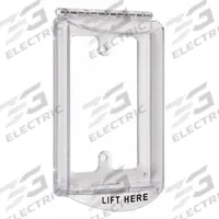 SAFETY TECHNOLOGY INTERNATIONAL Protective Cover: Polycarbonate, 4 7/16 in Overall Dp, STI-6519. Key specifications — Manufacturer Part Number: STI-6519; Brand: SAFETY TECHNOLOGY INTERNATIONAL; Color: Clear; For Location: Indoor; For Use With: Push Buttons; Includes: Mounting Hardware; Legend: LIFT HERE; Mounting Location: Wall Mount.