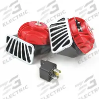 FIAMM Electric Horn: 12V DC, High Tone/Low Tone, Electric, Red/Black/Silver, Unfinished, 1 Horns (MPN 74100). Key specifications — Type: Low Tone; Brand: FIAMM; Compatible Vehicle Type: Trucks; Finish: Unfinished; Includes: Relay; Color: Red/Black/Silver.