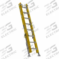 WERNER Extension Ladder: 16 ft Ladder Size, Fiberglass, 375 lb Load Capacity, 56 lb Wt, 2 Sections (MPN D7116-2CL). Key specifications — Color: Yellow; Brand: WERNER; Included Features: Bubble Level; Removable Fly: Removable.