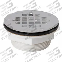APPROVED VENDOR Shower Drain: Plastic, 2 in Overall Dia, 2 in Overall Ht, 2 in Fits Drain Size (MPN 133-102). Key specifications — Color: Silver; Includes: Snap-In Strainer; Connection Type: Compression; Material: Plastic; Grate Material: Stainless Steel.