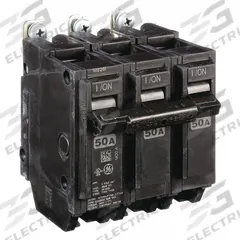GE Miniature Circuit Breaker: THQB, 50 A, 120/240V AC, Three Phase, 10kA at 120/240V AC, Std (MPN THQB32050). Key specifications — attr195972: 50 A; attr195973: 120/240V AC; attr195974: Three; attr195975: 10kA at 120/240V AC; attr195976: Load Centers.