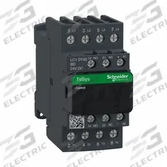 SCHNEIDER IEC Magnetic Contactor: Non-Reversing, 4 Poles, 4NO Contacts, 40 A, 24V DC Coil (MPN LC1DT40BD). Key specifications — Brand: SCHNEIDER; Integrated Surge Suppression: Yes.