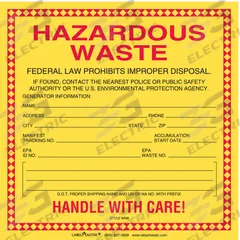 LABELMASTER Waste Label: 6 in x 6 in, 6 in Label Wd, 6 in Label Ht, Label, 100 PK (MPN WM8). Key specifications — Message: Hazardous Waste; Material: Adhesive Back; Brand: LABELMASTER.